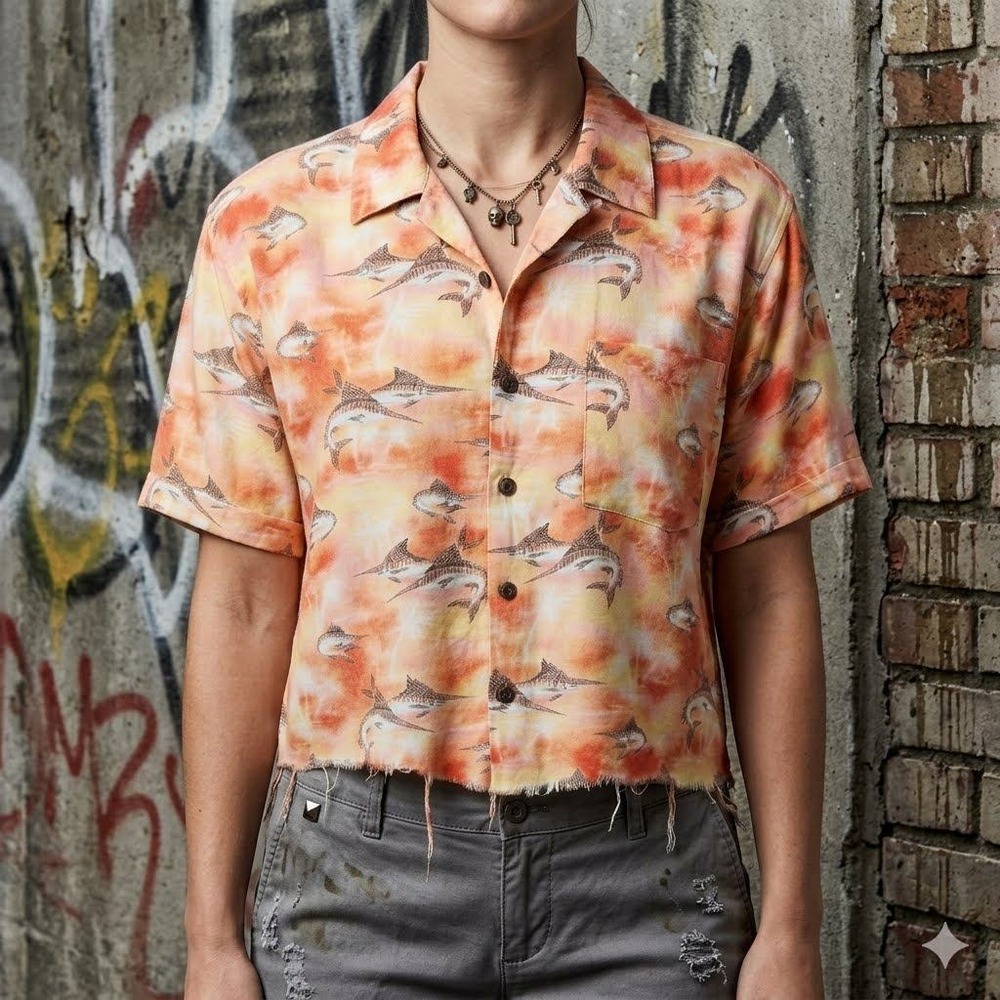 Joe Marlin Upcycled Large Tropical Marlin Sunset Crop Fray Hem Button Down Shirt